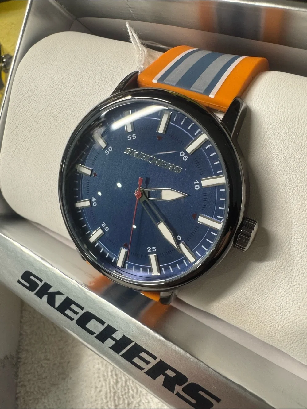 Skechers Blue Dial Orange Silicone Strap Watch with Stripe Accent